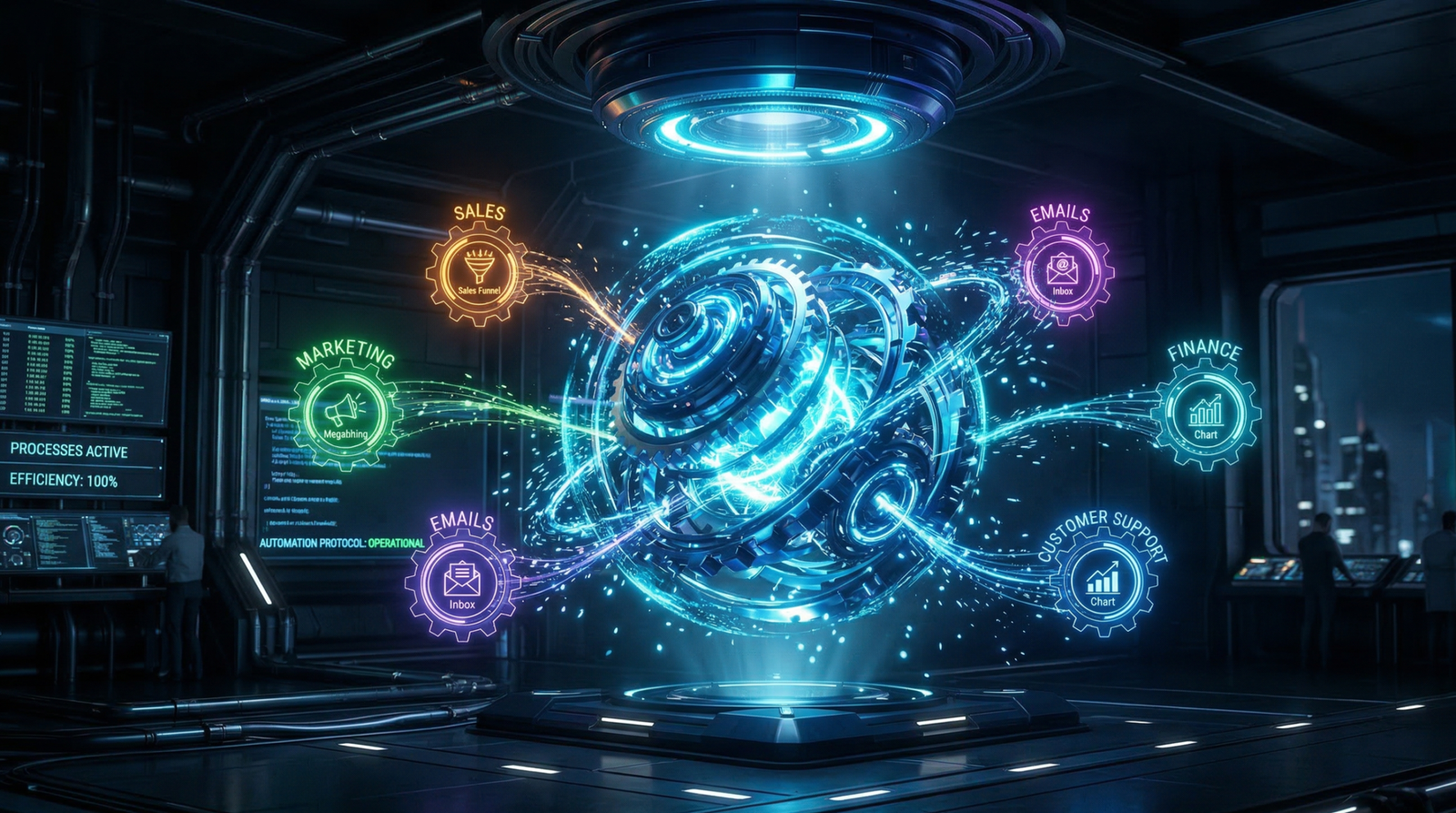 Small business owner in 2026 looking at a visual dashboard of ai workflow automation connecting a CRM, email platform, and team chat seamlessly.